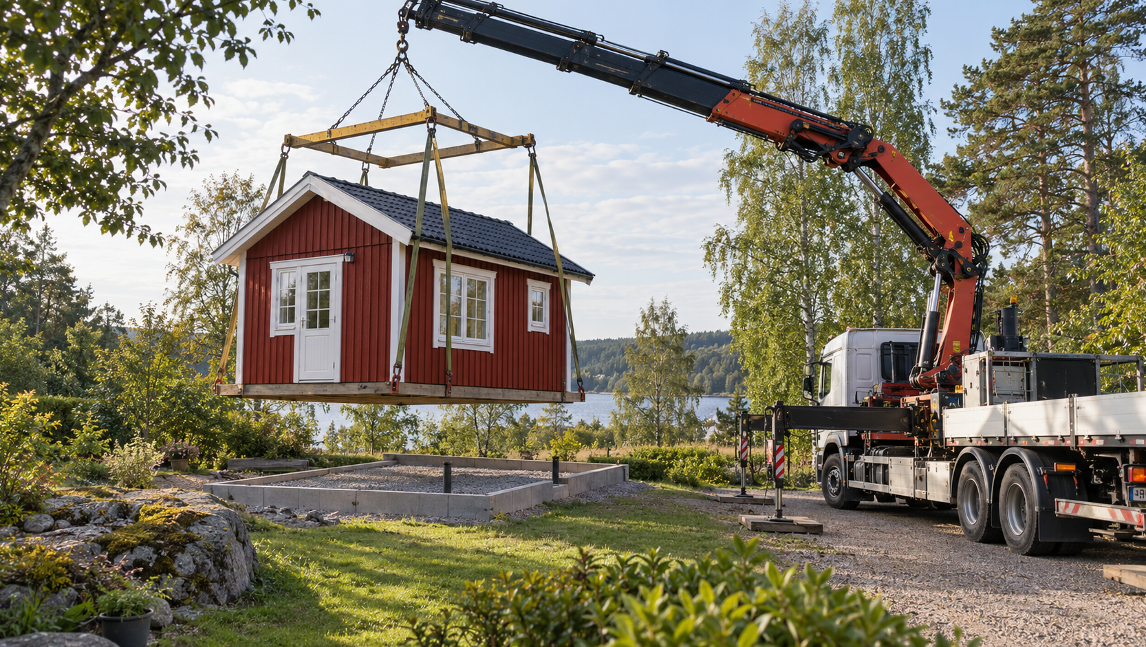 Rött attefallshus lyfts med kranbil till en förberedd grund på en tomt.
